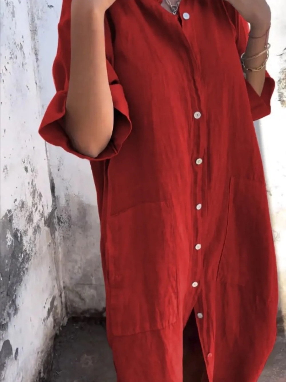 J. Crew 100% Linen Red Short-Sleeve Button-Down Shirt Dress